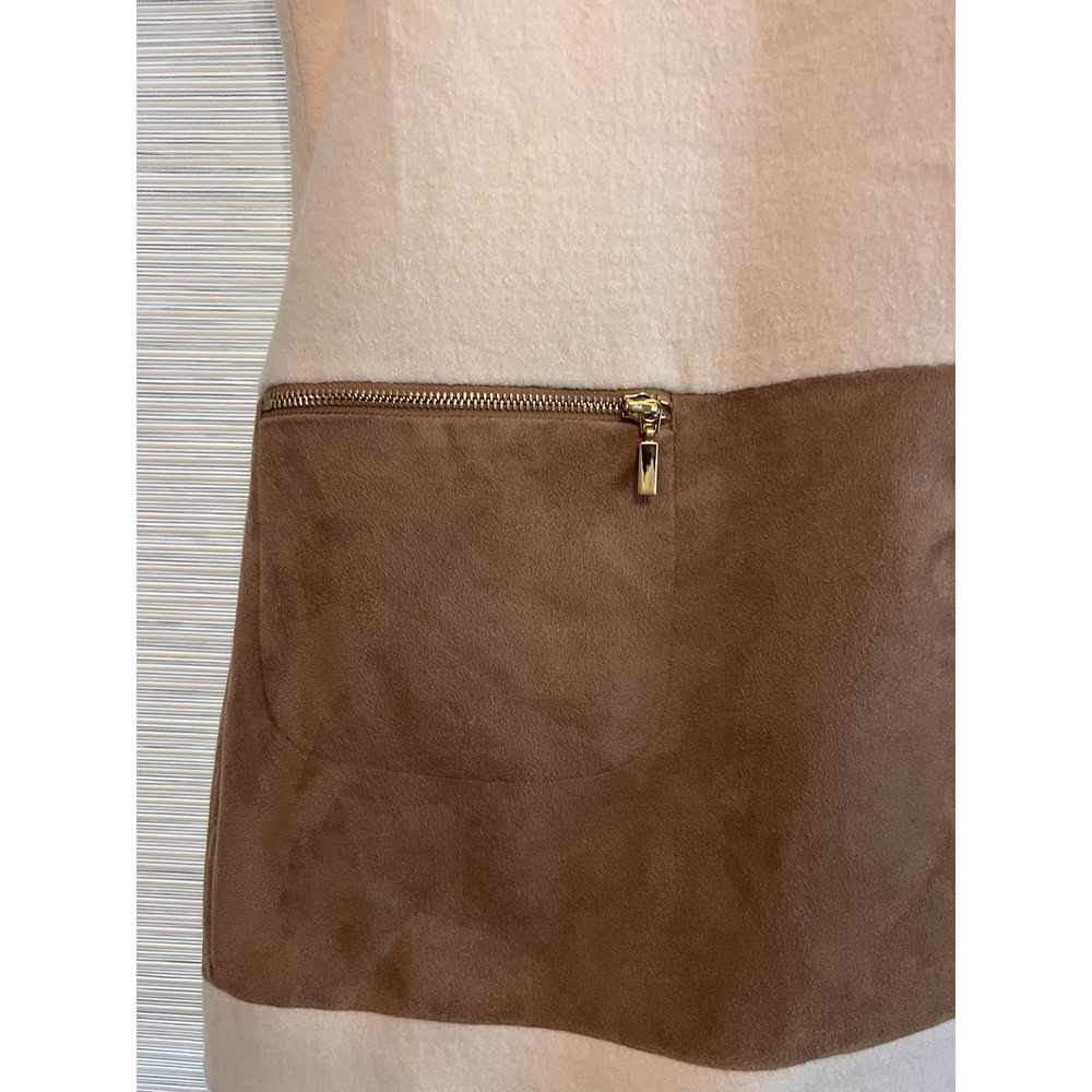Chico's Wool Faux Suede Colorblock Shift Dress Cream Brown Zip Pockets Size 2 L - Picture 5 of 9